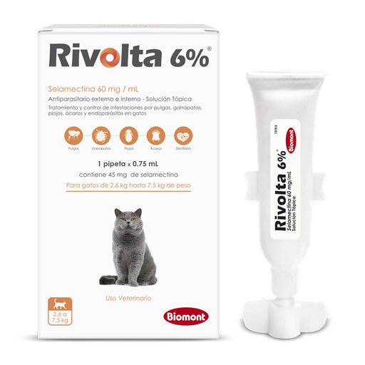 Pipeta Rivolta 6% Gatos de 2.6 a 7.5kg (Naranja)